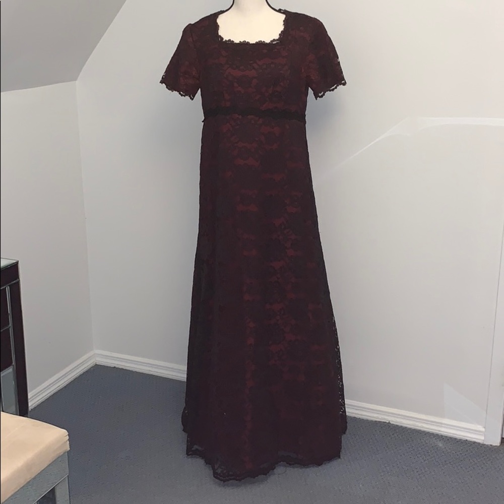 Custom-made wine and black lace maternity gown